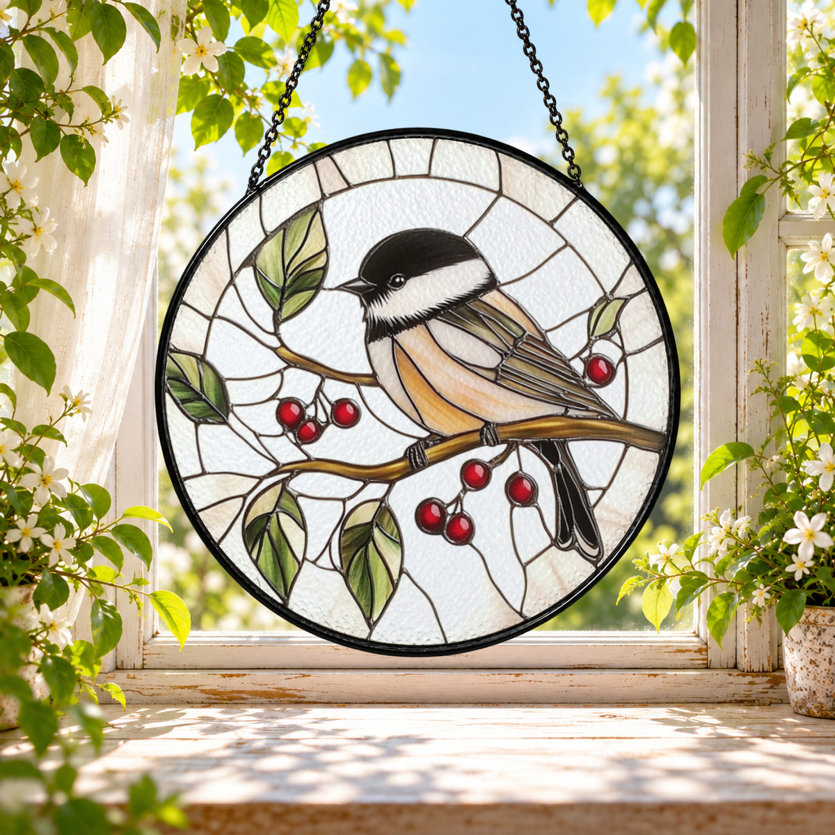 Chickadee with Red Berries stained glass window suncatcher – third gallery view