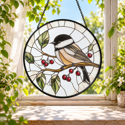 Chickadee with Red Berries stained glass window suncatcher – third gallery view