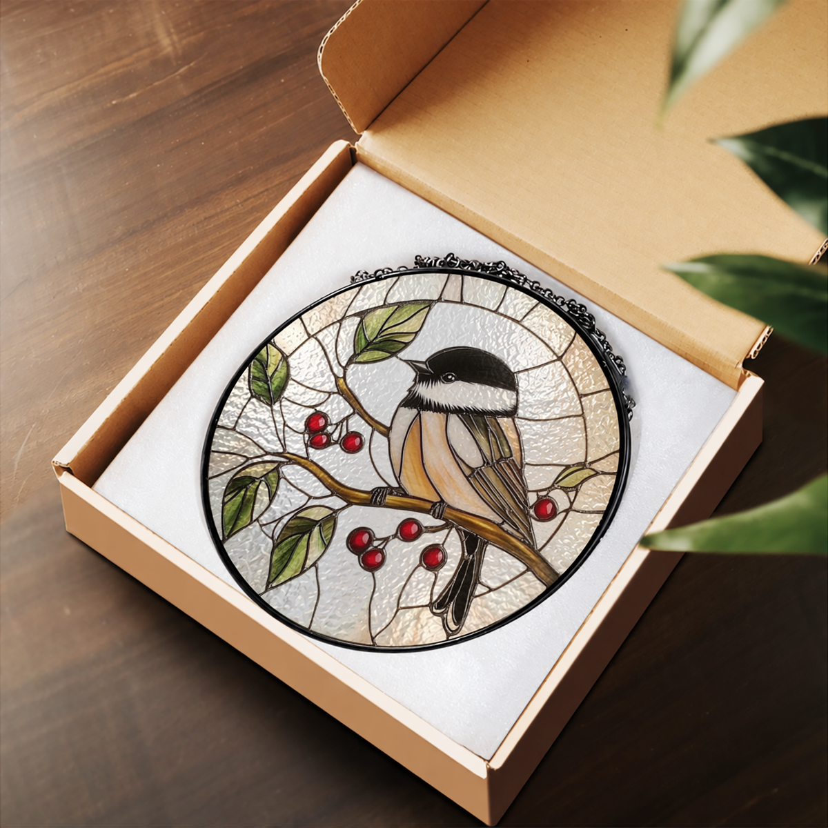 Chickadee with Red Berries stained glass suncatcher – flat printed artwork design