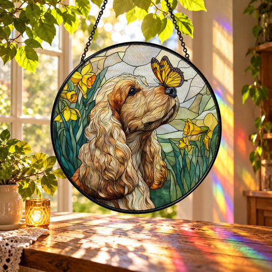 Cocker Spaniel with Yellow Butterfly stained glass suncatcher window hanging – front design view