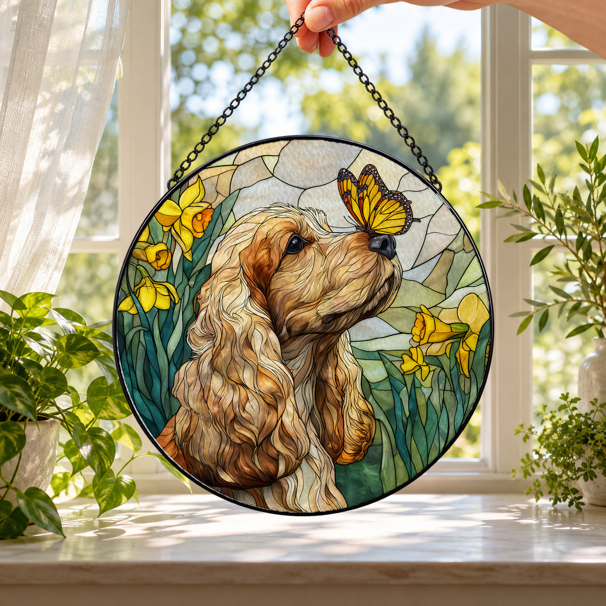 Cocker Spaniel with Yellow Butterfly round stained glass window hanging – second gallery view