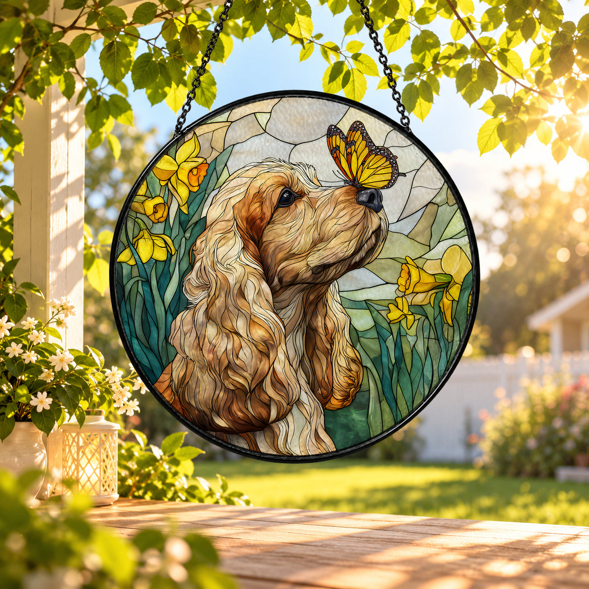 Cocker Spaniel with Yellow Butterfly stained glass window suncatcher – third gallery view