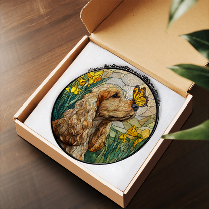 Cocker Spaniel with Yellow Butterfly stained glass suncatcher – flat printed artwork design