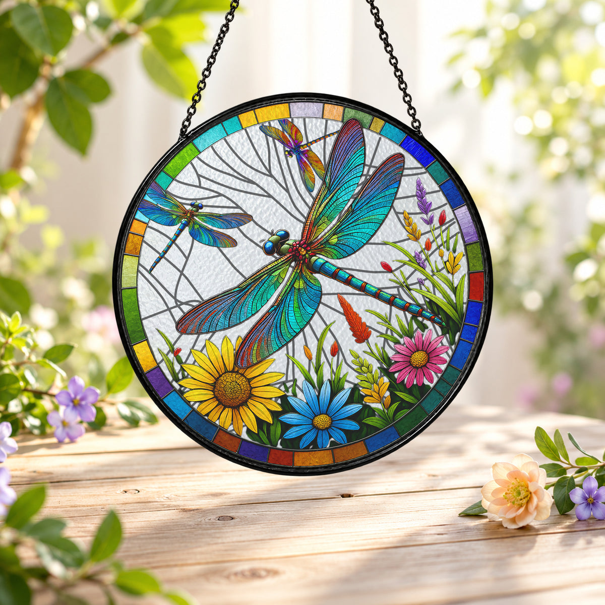Colorful Dragonfly above Wildflowers stained glass suncatcher window hanging – front design view