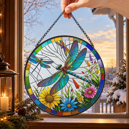Colorful Dragonfly above Wildflowers round stained glass window hanging – second gallery view