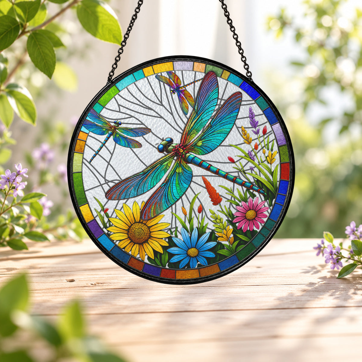 Colorful Dragonfly above Wildflowers stained glass window suncatcher – third gallery view