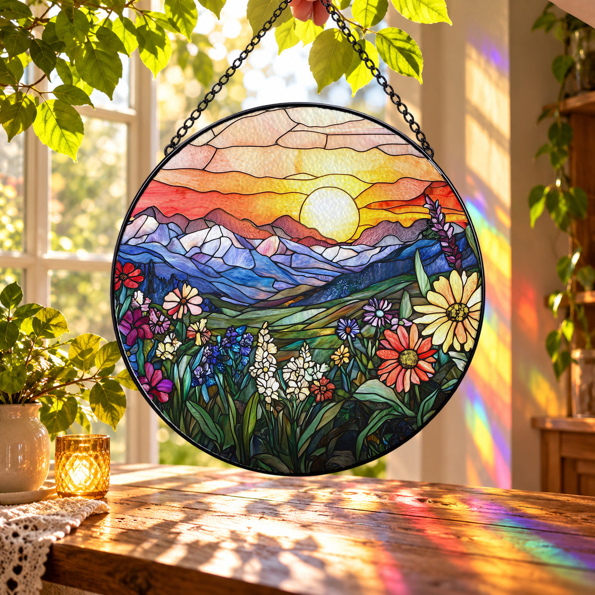 Colorful Mountain Sunset and Wildflowers stained glass suncatcher window hanging – front design view