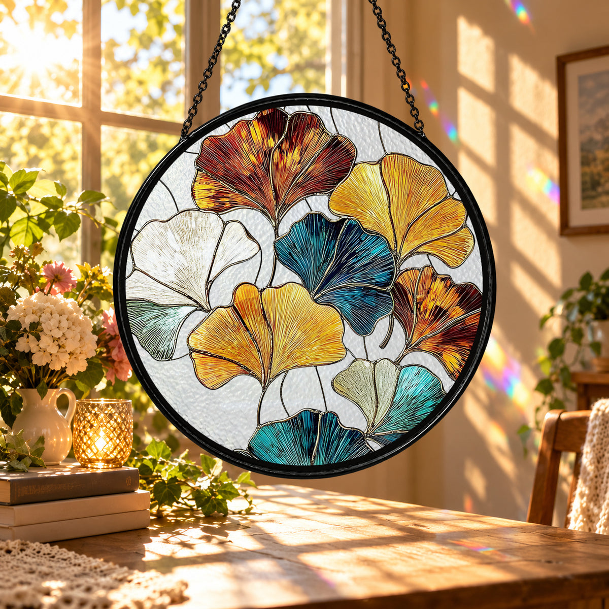 Colorful Pansy Flowers stained glass suncatcher window hanging – front design view