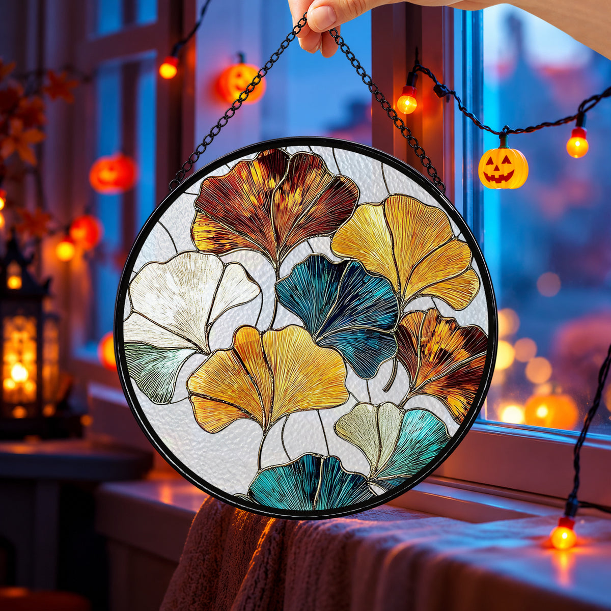 Colorful Pansy Flowers round stained glass window hanging – second gallery view