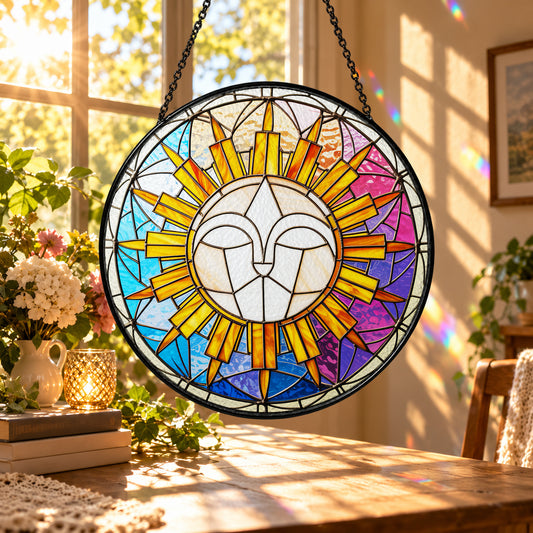 Colorful Radiant Sunburst Circle stained glass suncatcher window hanging – front design view