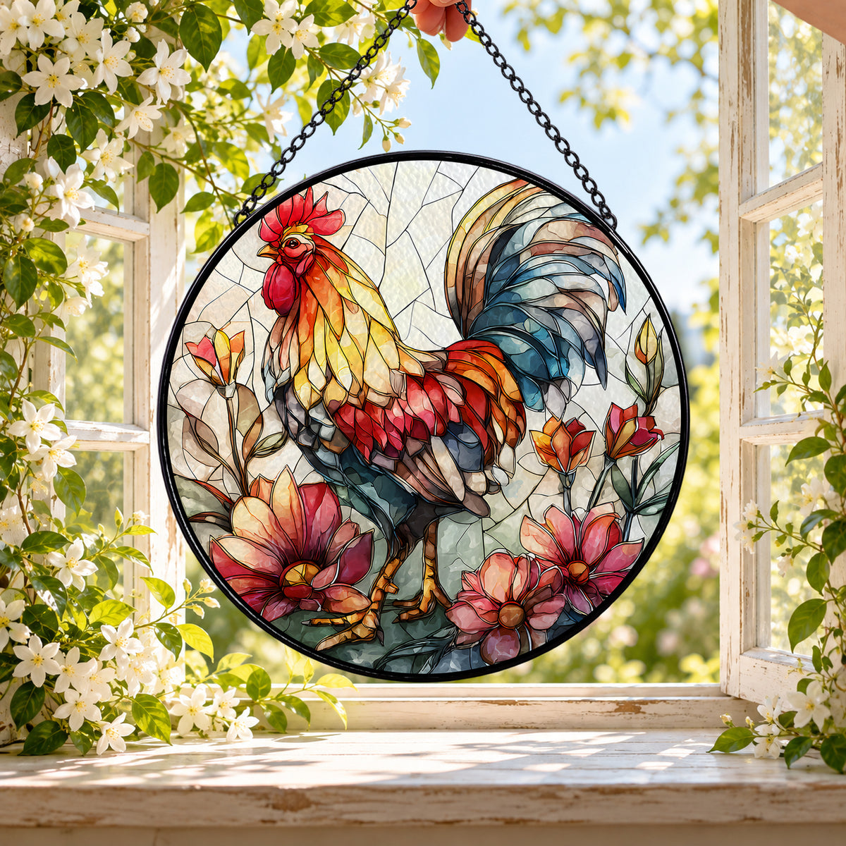 Colorful Rooster among Spring Flowers round stained glass window hanging – second gallery view