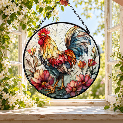 Colorful Rooster among Spring Flowers round stained glass window hanging – second gallery view