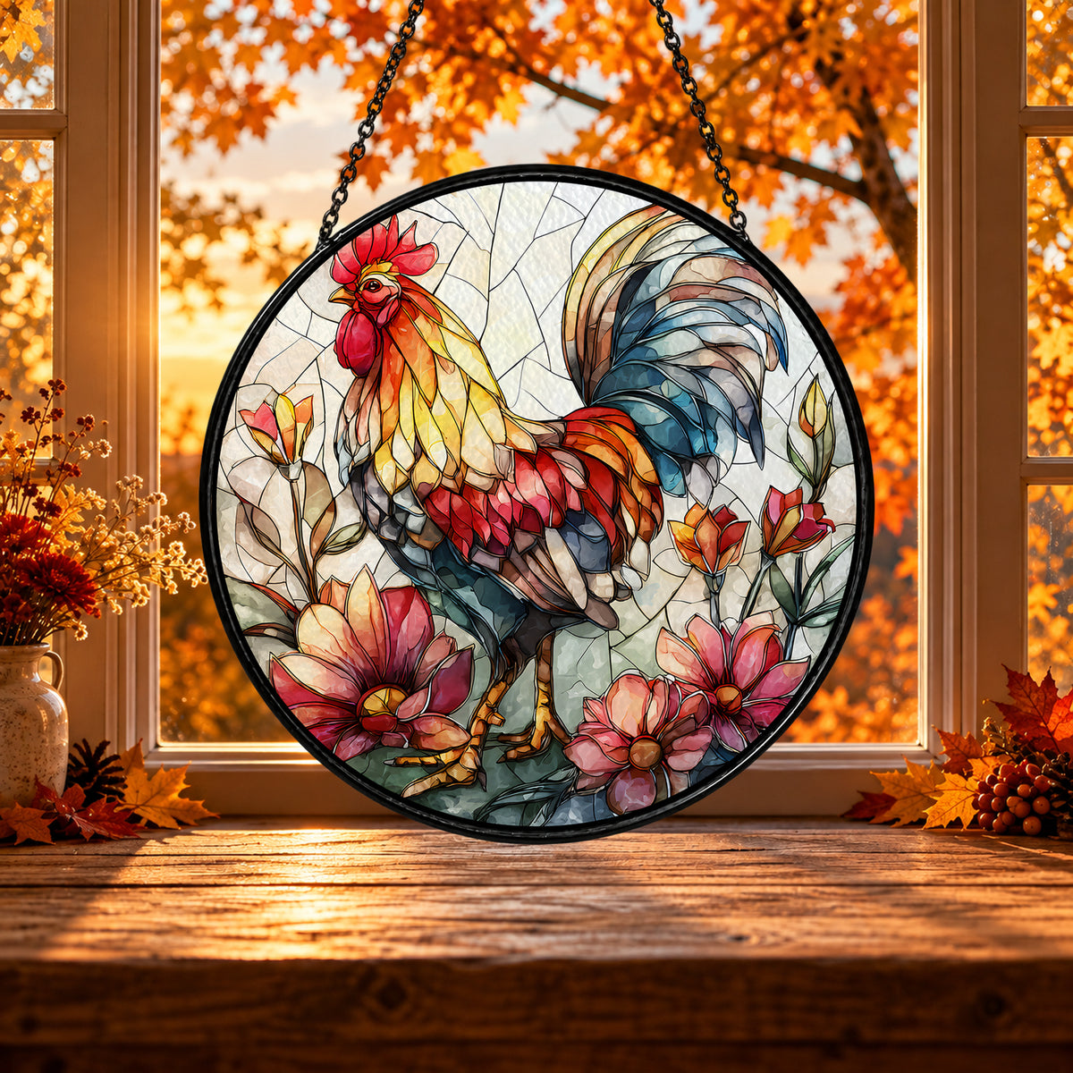 Colorful Rooster among Spring Flowers stained glass window suncatcher – third gallery view
