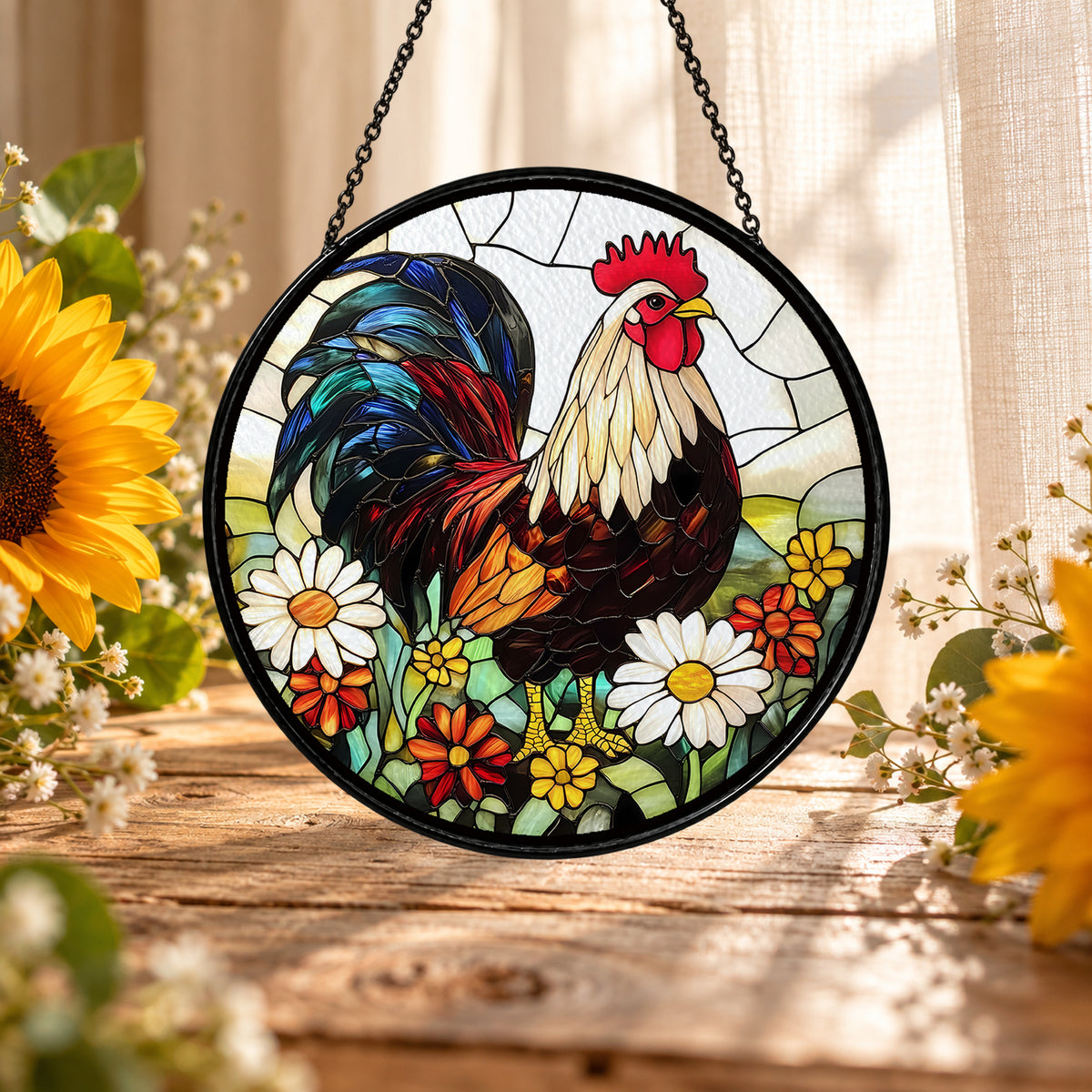 Colorful Rooster with Daisies stained glass suncatcher window hanging – front design view