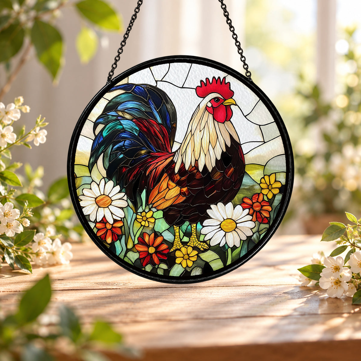 Colorful Rooster with Daisies stained glass window suncatcher – third gallery view