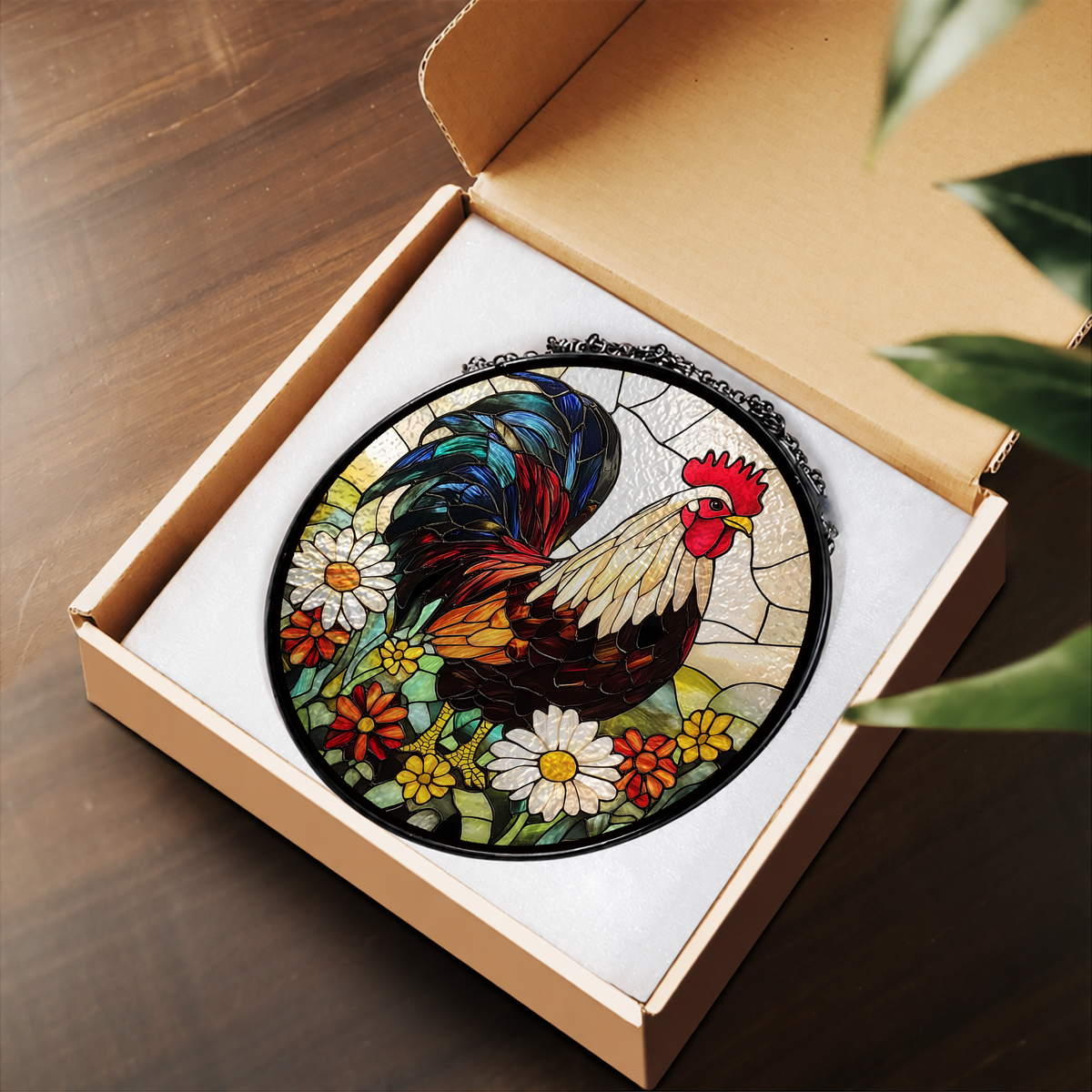Colorful Rooster with Daisies stained glass suncatcher – flat printed artwork design