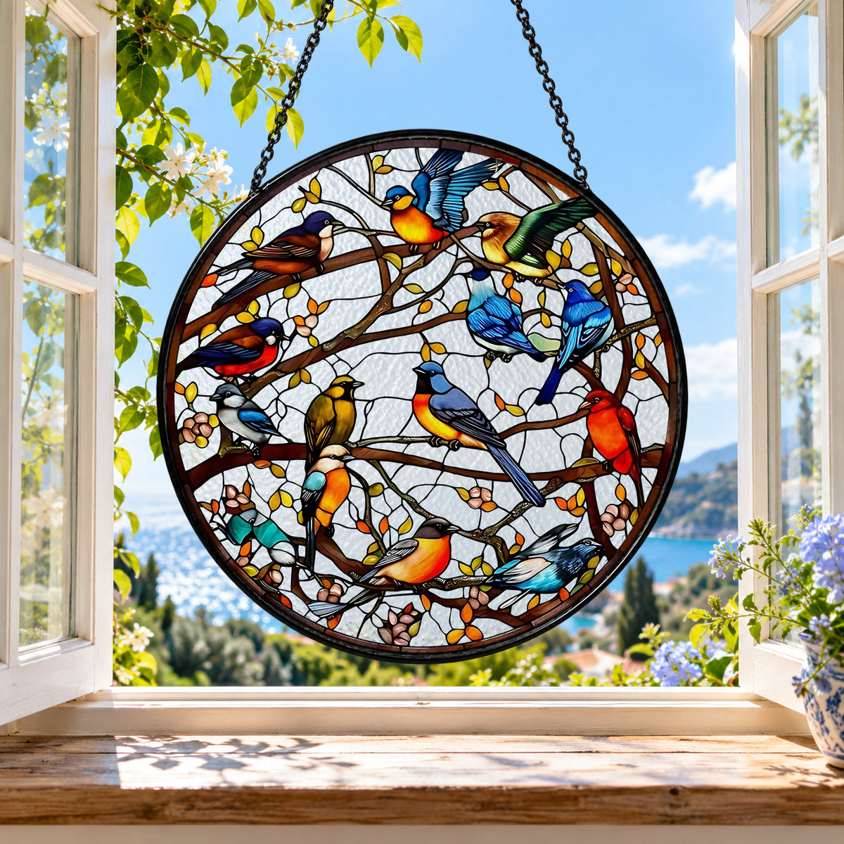 Colorful Songbirds in Branching Tree stained glass suncatcher window hanging – front design view