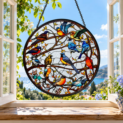 Colorful Songbirds in Branching Tree stained glass suncatcher window hanging – front design view