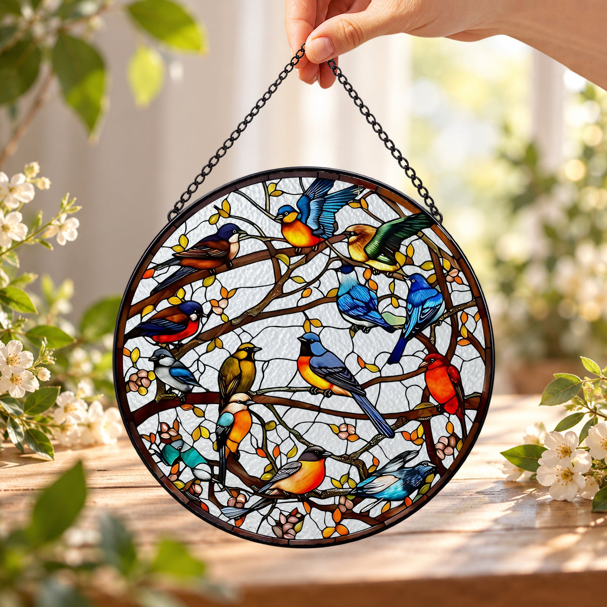Colorful Songbirds in Branching Tree round stained glass window hanging – second gallery view