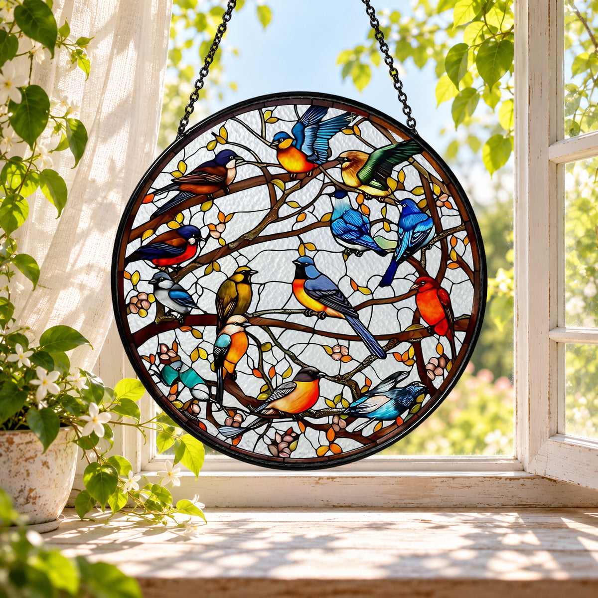 Colorful Songbirds in Branching Tree stained glass window suncatcher – third gallery view