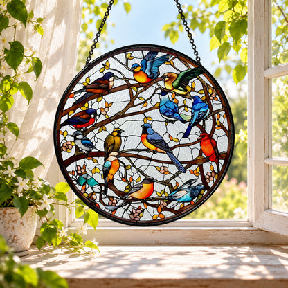 Colorful Songbirds in Branching Tree stained glass window suncatcher – third gallery view