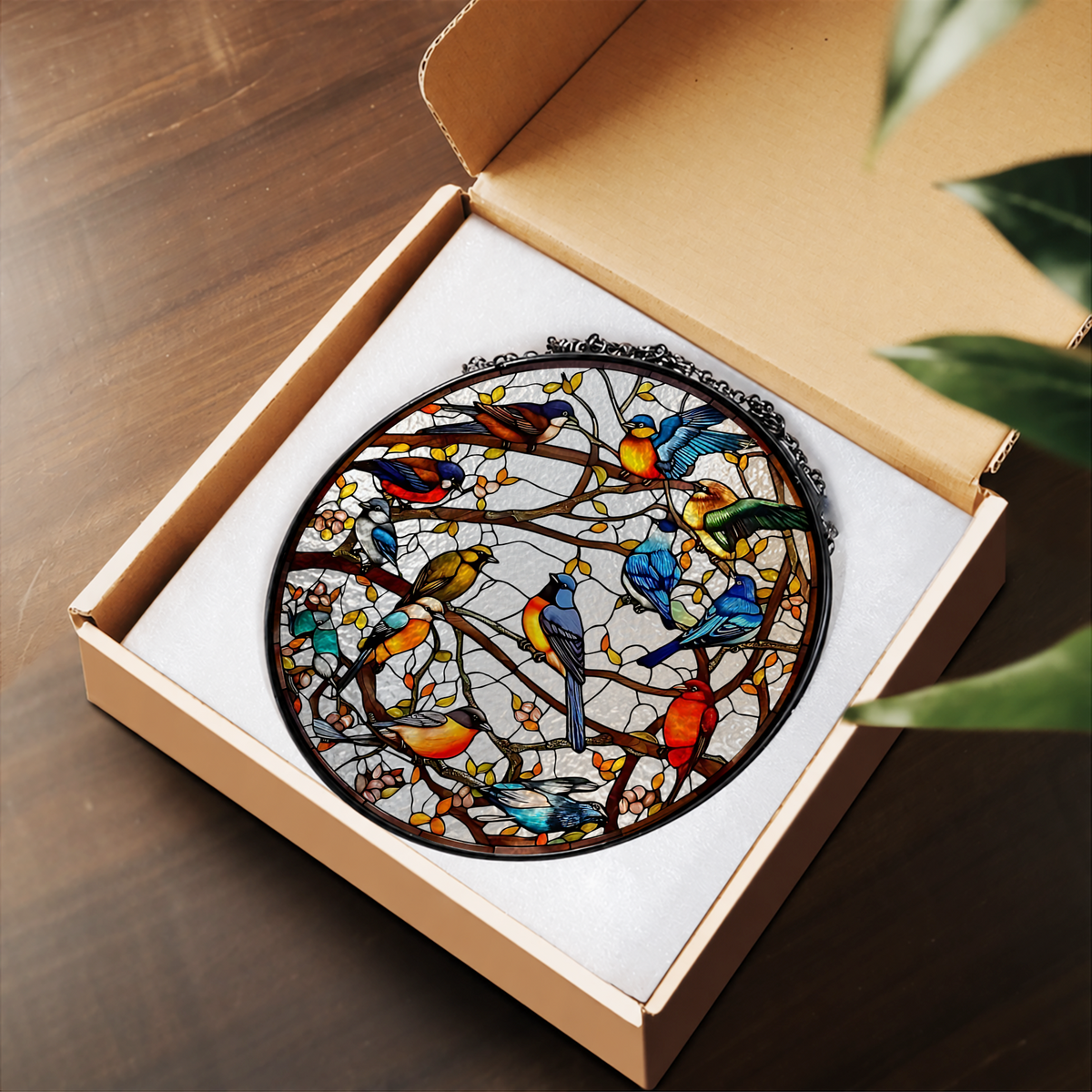 Colorful Songbirds in Branching Tree stained glass suncatcher – flat printed artwork design