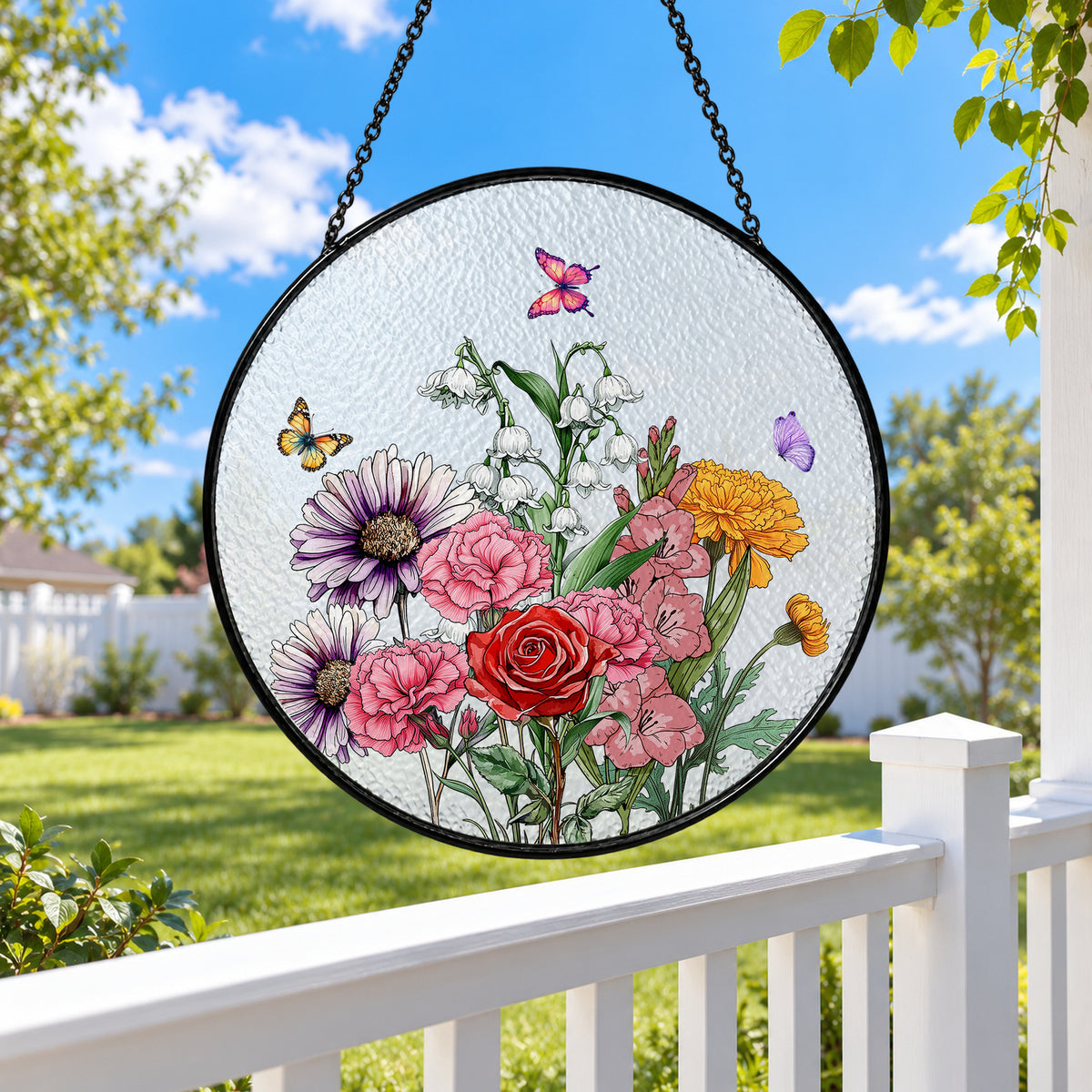 Colorful Spring Flowers and Butterflies stained glass suncatcher window hanging – front design view