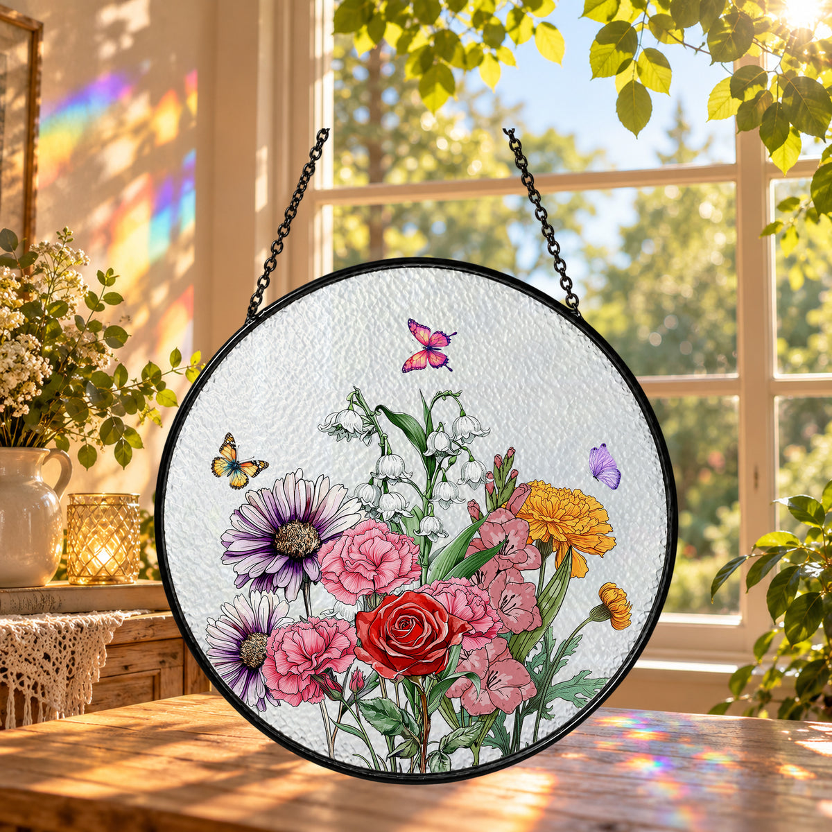 Colorful Spring Flowers and Butterflies round stained glass window hanging – second gallery view
