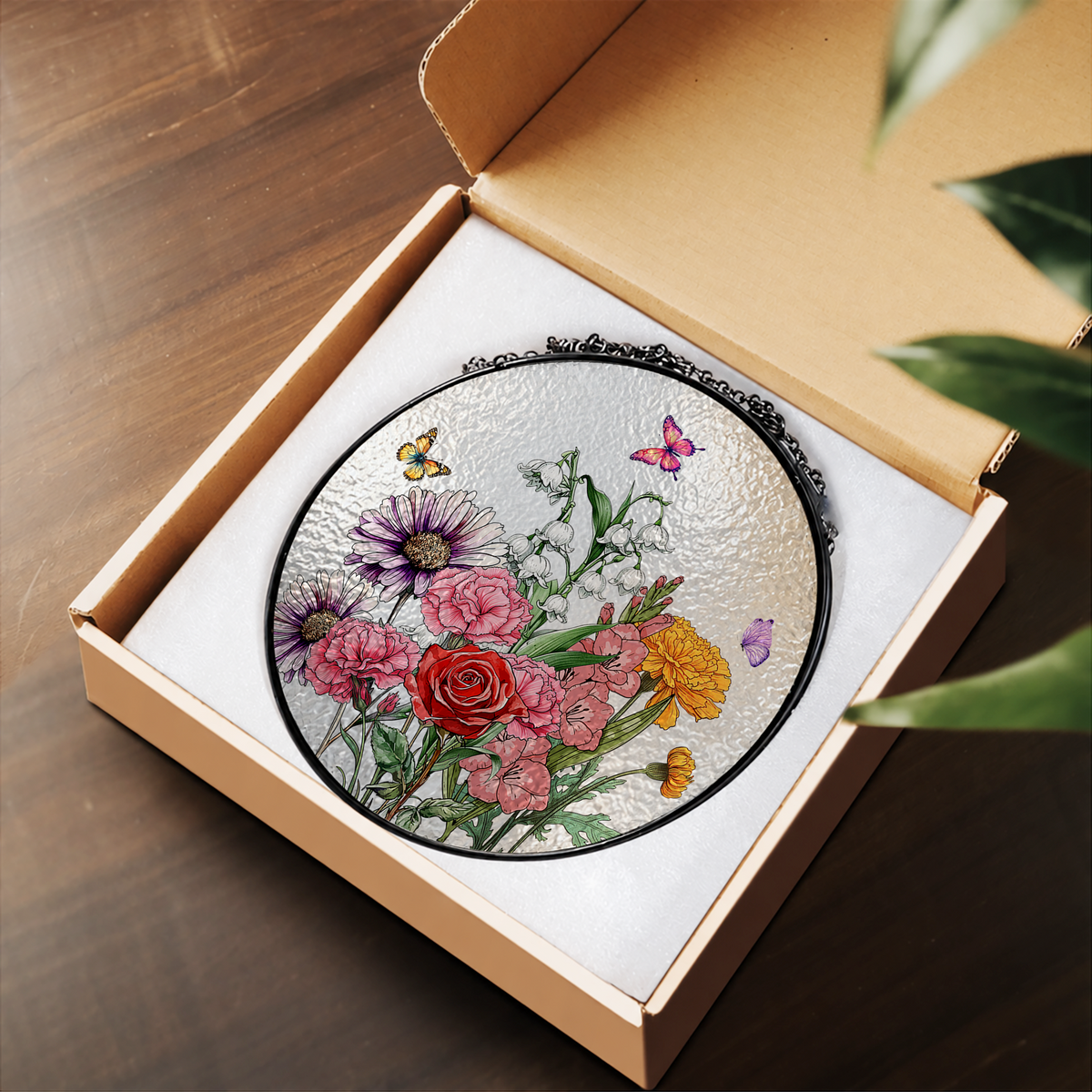 Colorful Spring Flowers and Butterflies stained glass suncatcher – flat printed artwork design