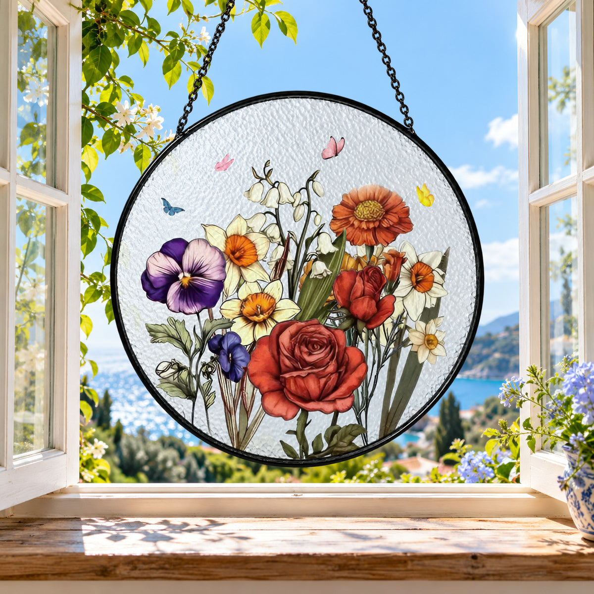 Colorful Wildflower Bouquet in Meadow stained glass suncatcher window hanging – front design view