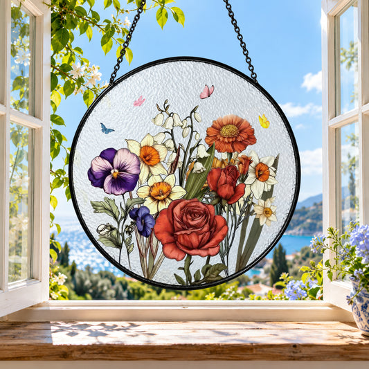 Colorful Wildflower Bouquet in Meadow stained glass suncatcher window hanging – front design view