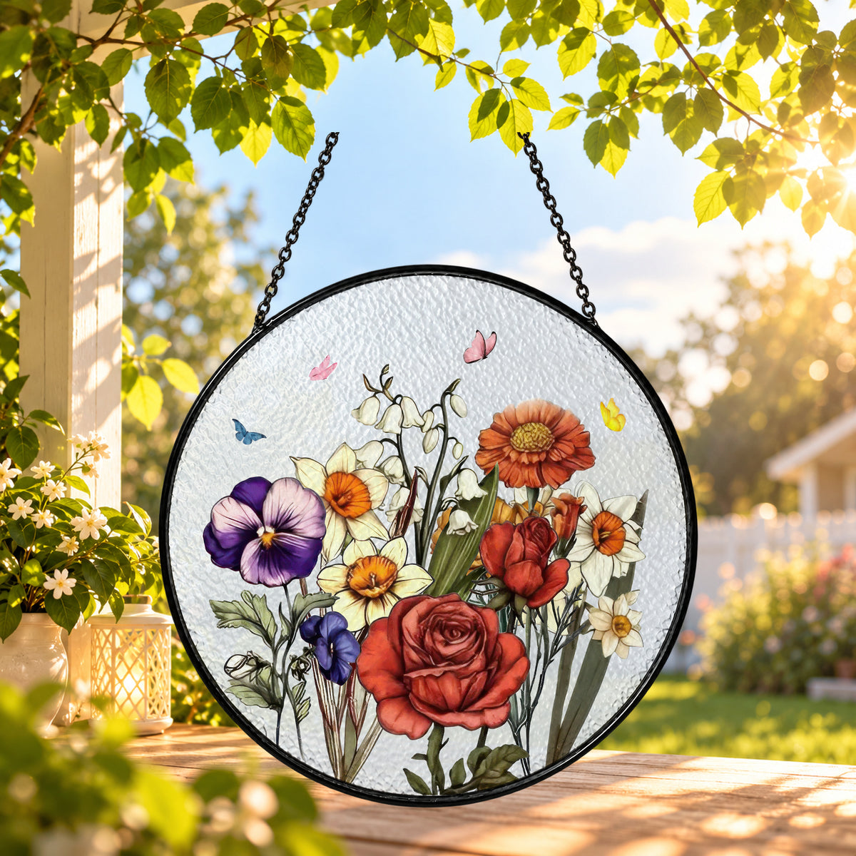 Colorful Wildflower Bouquet in Meadow round stained glass window hanging – second gallery view