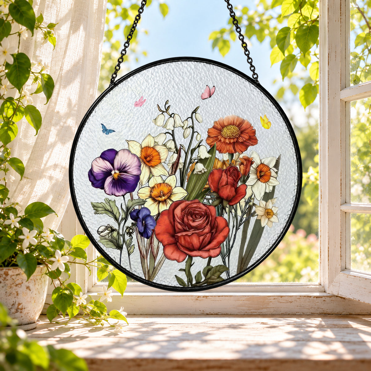 Colorful Wildflower Bouquet in Meadow stained glass window suncatcher – third gallery view