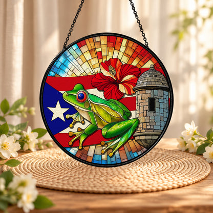 Coqui Frog with Puerto Rico Flag stained glass suncatcher window hanging – front design view
