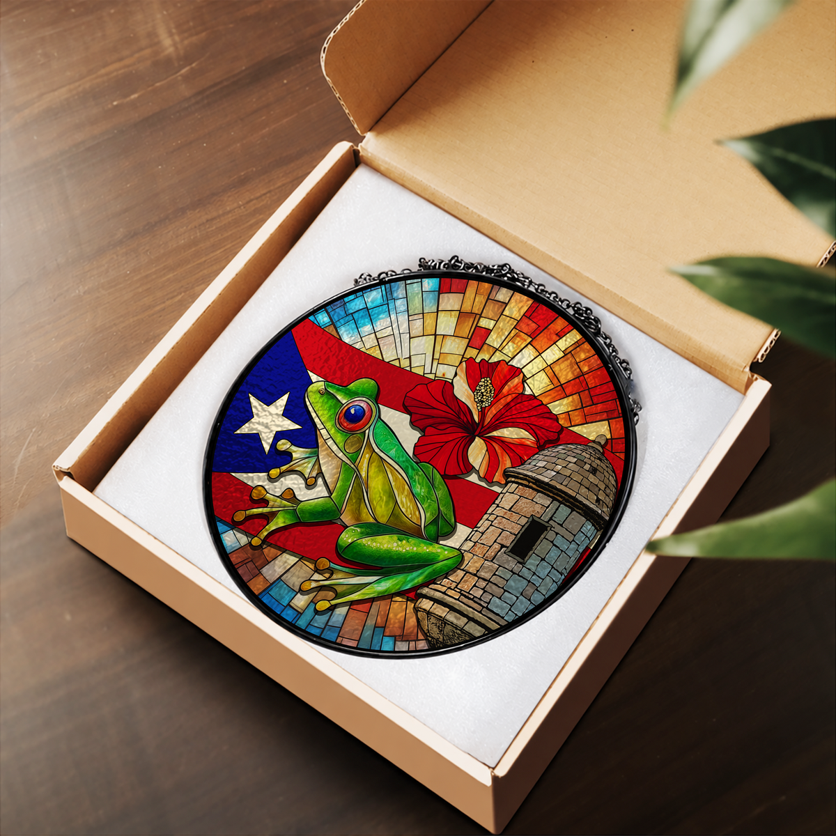 Coqui Frog with Puerto Rico Flag stained glass suncatcher – flat printed artwork design