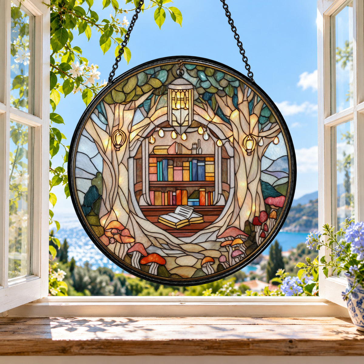 Cozy Book Nook and Flowering Bookshelf stained glass suncatcher window hanging – front design view