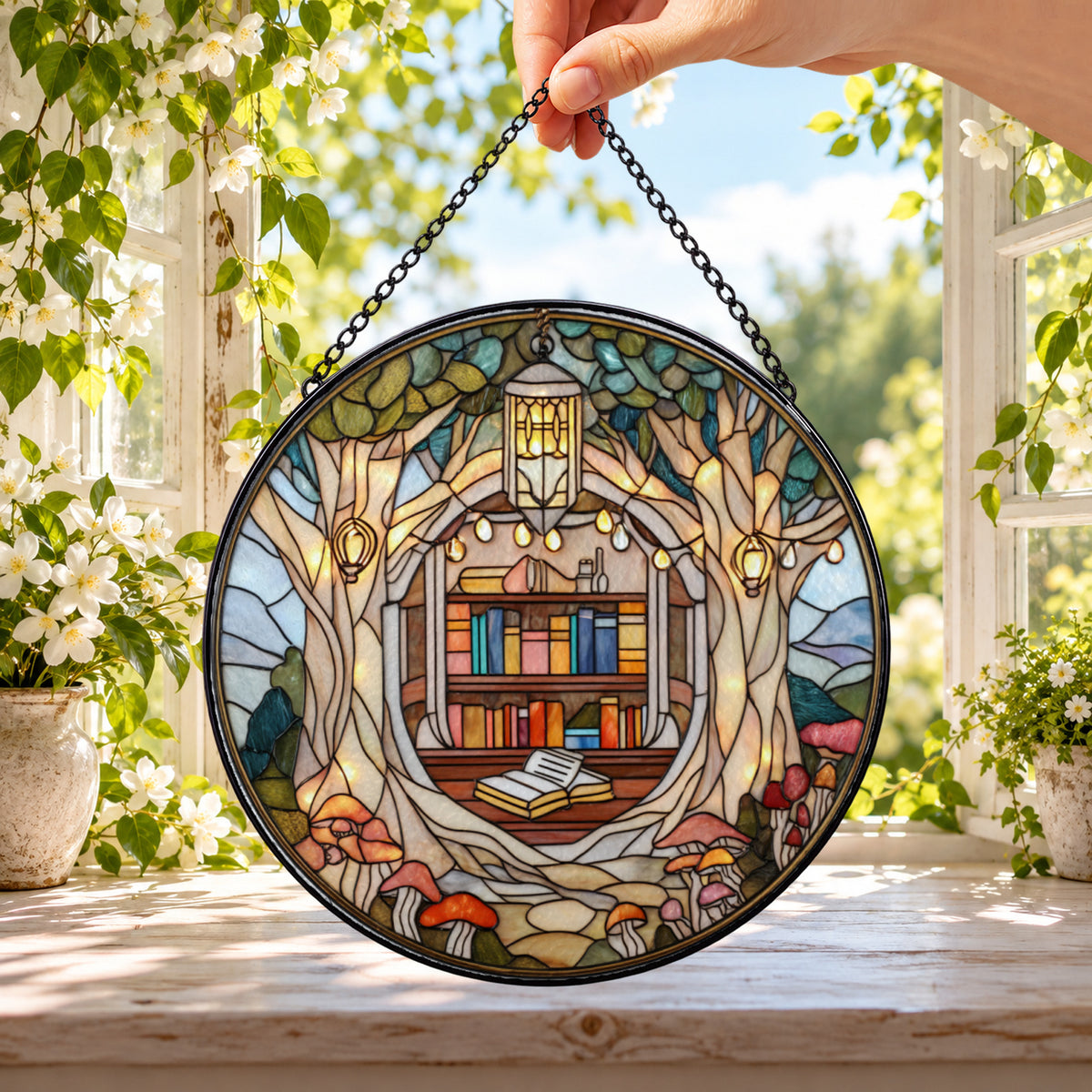 Cozy Book Nook and Flowering Bookshelf round stained glass window hanging – second gallery view