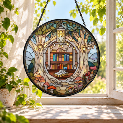 Cozy Book Nook and Flowering Bookshelf stained glass window suncatcher – third gallery view