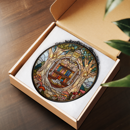 Cozy Book Nook and Flowering Bookshelf stained glass suncatcher – flat printed artwork design