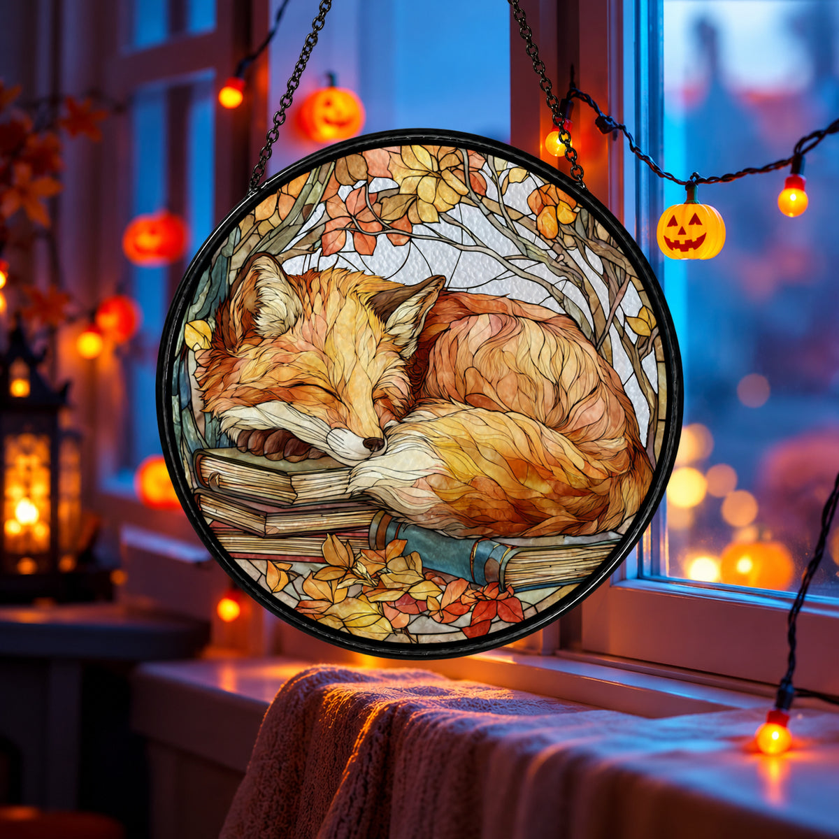 Cozy Sleeping Ginger Cat in Tree stained glass suncatcher window hanging – front design view