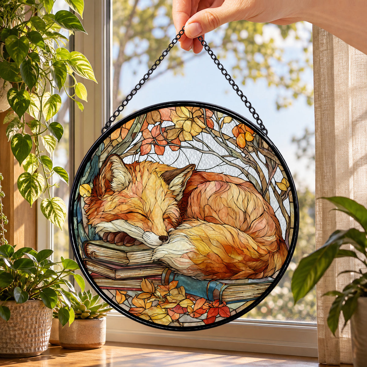 Cozy Sleeping Ginger Cat in Tree round stained glass window hanging – second gallery view