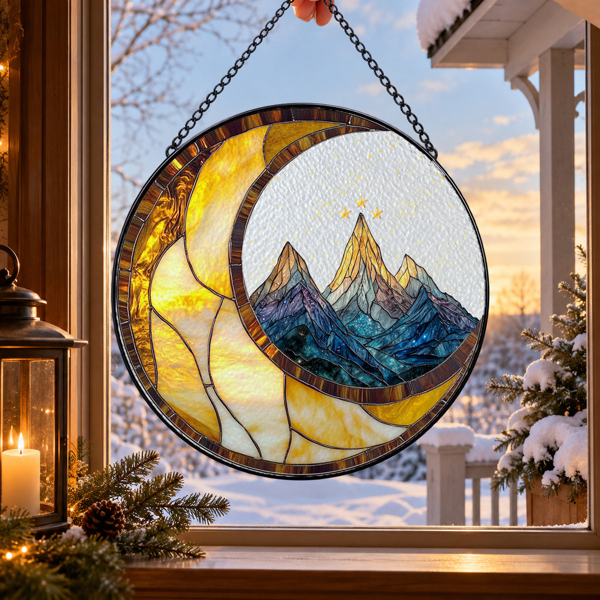 Crescent Moon over Mountain Lake stained glass suncatcher window hanging – front design view