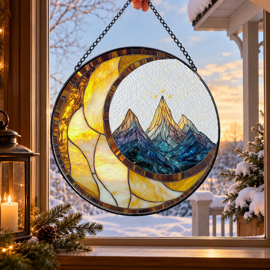 Crescent Moon over Mountain Lake stained glass suncatcher window hanging – front design view