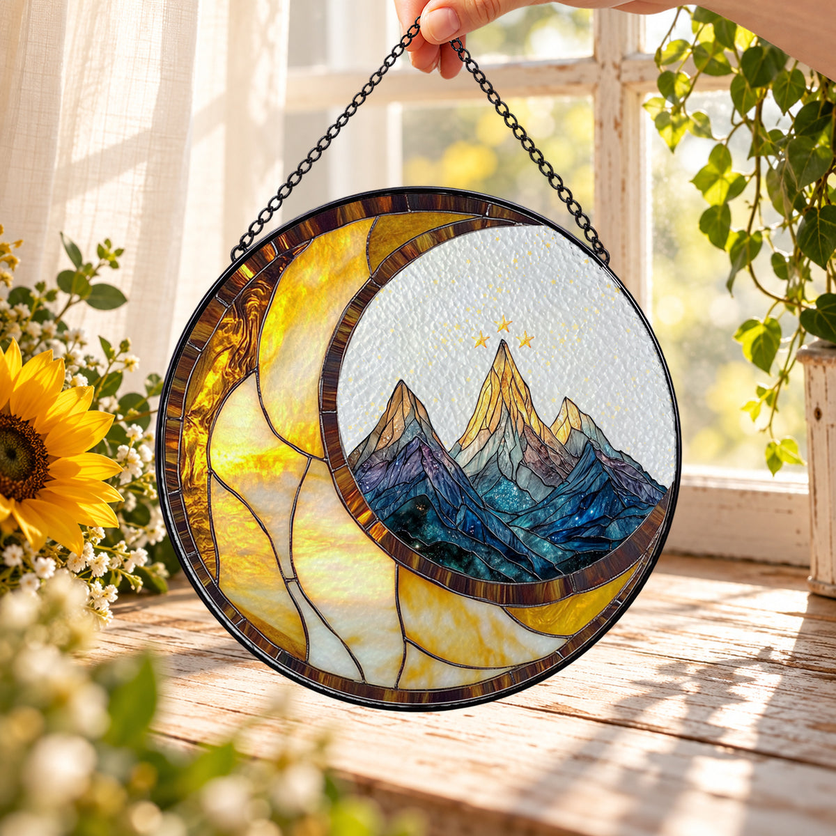 Crescent Moon over Mountain Lake round stained glass window hanging – second gallery view