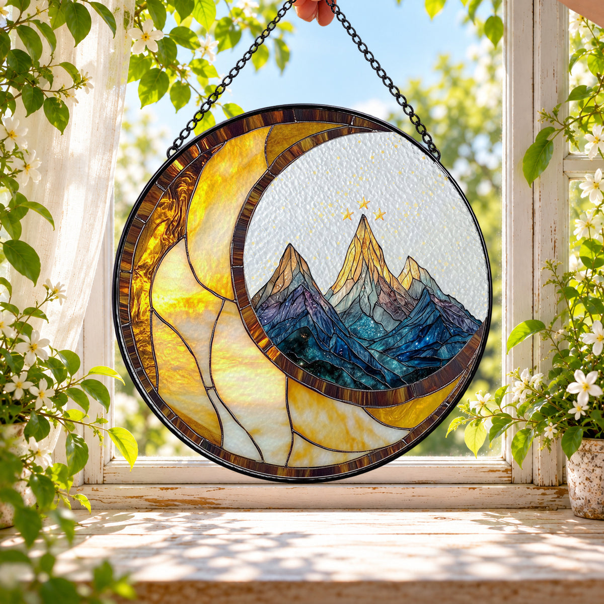 Crescent Moon over Mountain Lake stained glass window suncatcher – third gallery view