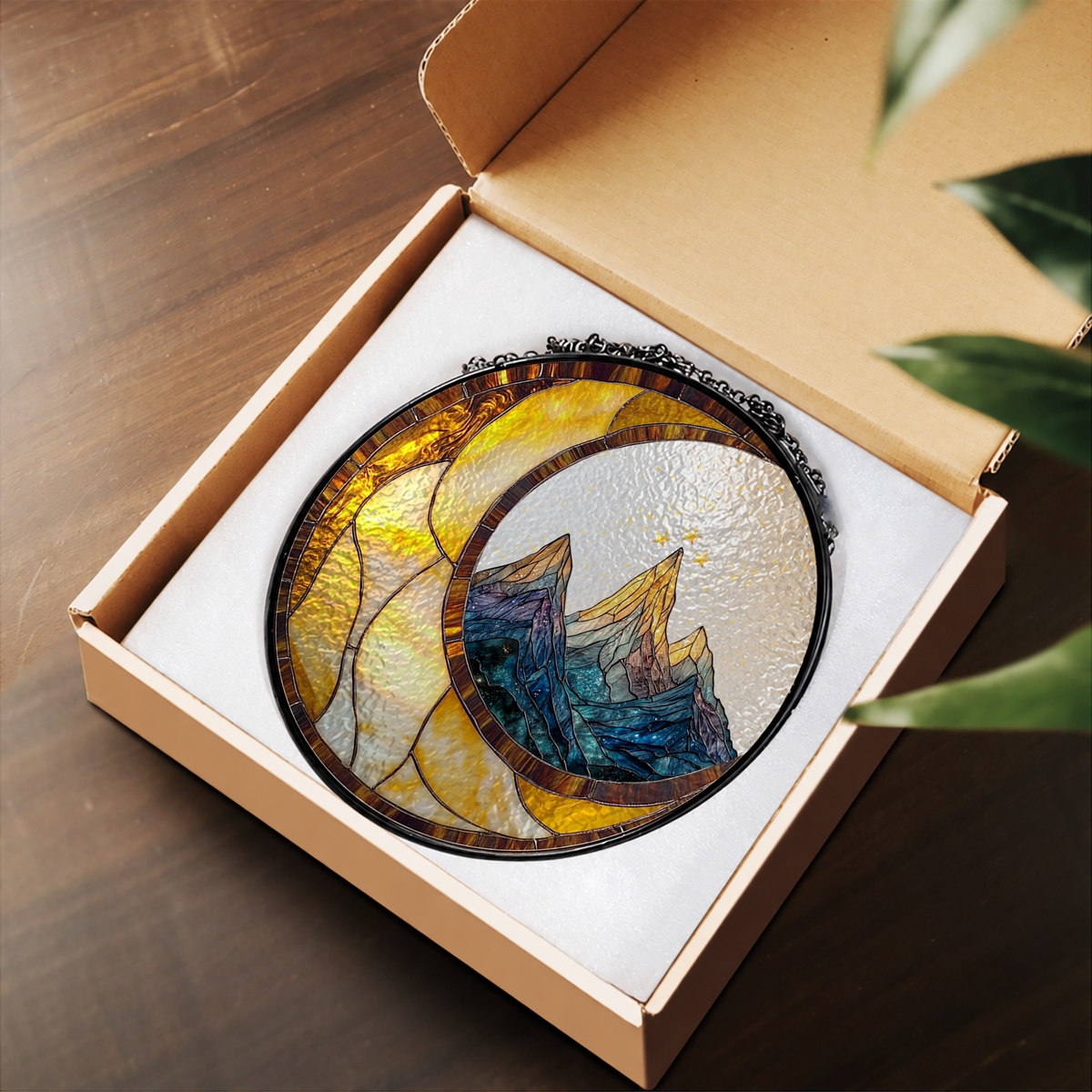 Crescent Moon over Mountain Lake stained glass suncatcher – flat printed artwork design