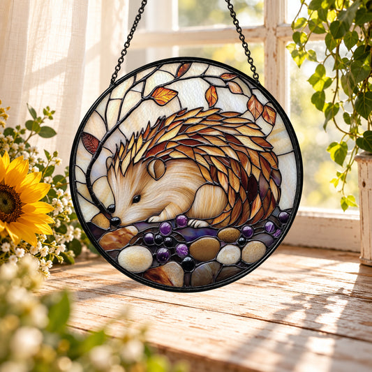 Cute Hedgehog with Autumn Leaves stained glass suncatcher window hanging – front design view