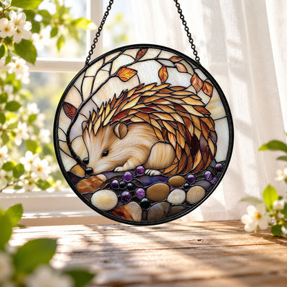 Cute Hedgehog with Autumn Leaves stained glass window suncatcher – third gallery view