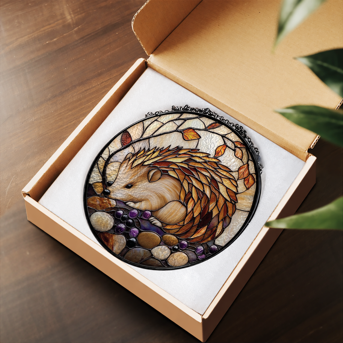 Cute Hedgehog with Autumn Leaves stained glass suncatcher – flat printed artwork design