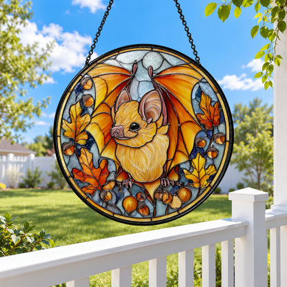 Cute Squirrel with Autumn Leaves stained glass suncatcher window hanging – front design view